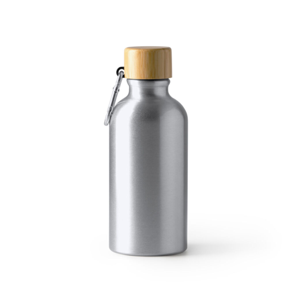 Алюмінієва пляшка з карабіном і бамбуковою кришкою, колір срібний