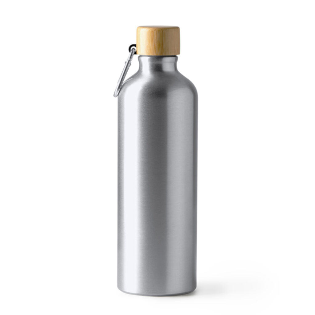 Алюмінієва пляшка з карабіном  та бамбуковою кришкою., колір срібний