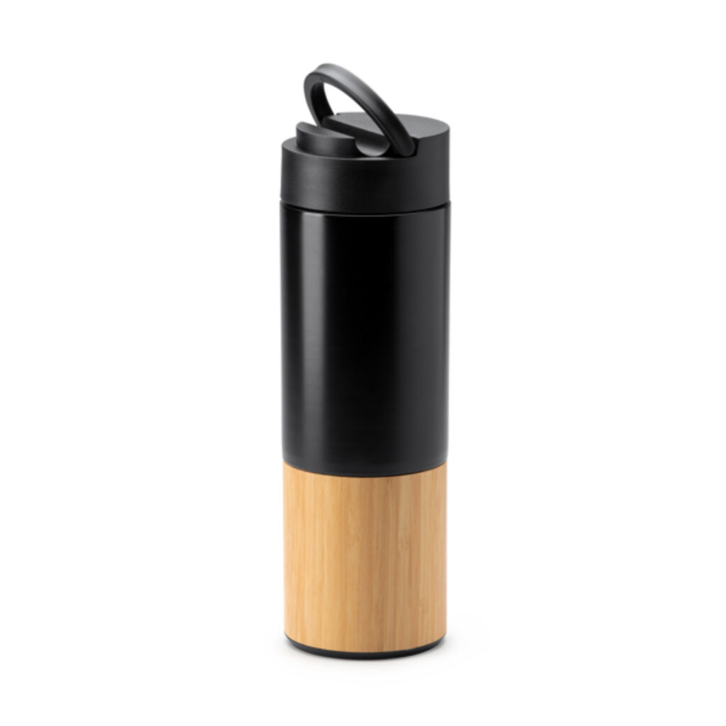 Пляшка з подвійними стінками з нержавіючої сталі і бамбука, колір чорний
