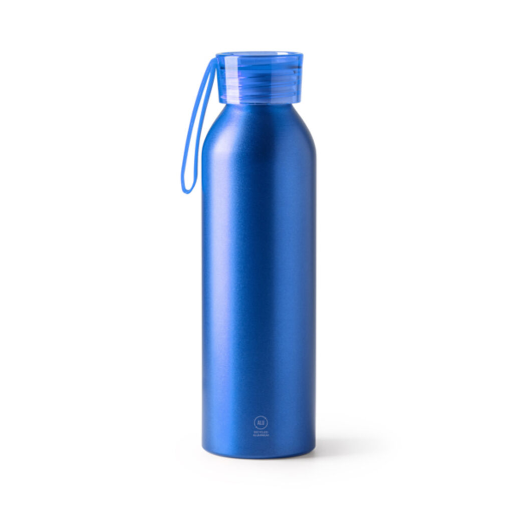 Бутылка из переработанного алюминия с крышкой и соответствующим ремнем для переноски, цвет синий