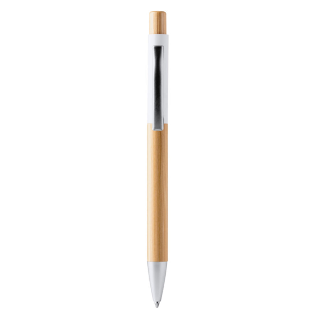 Шариковая ручка с структурой и кнопкой из бамбука, цвет белый