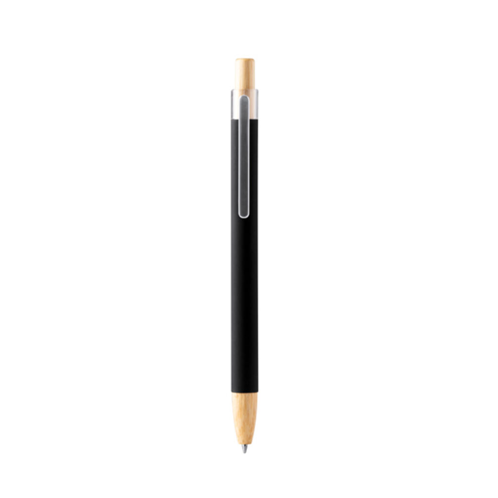 Шариковая ручка с мягкой на ощупь металлической структурой и деталями из бамбука, цвет черный