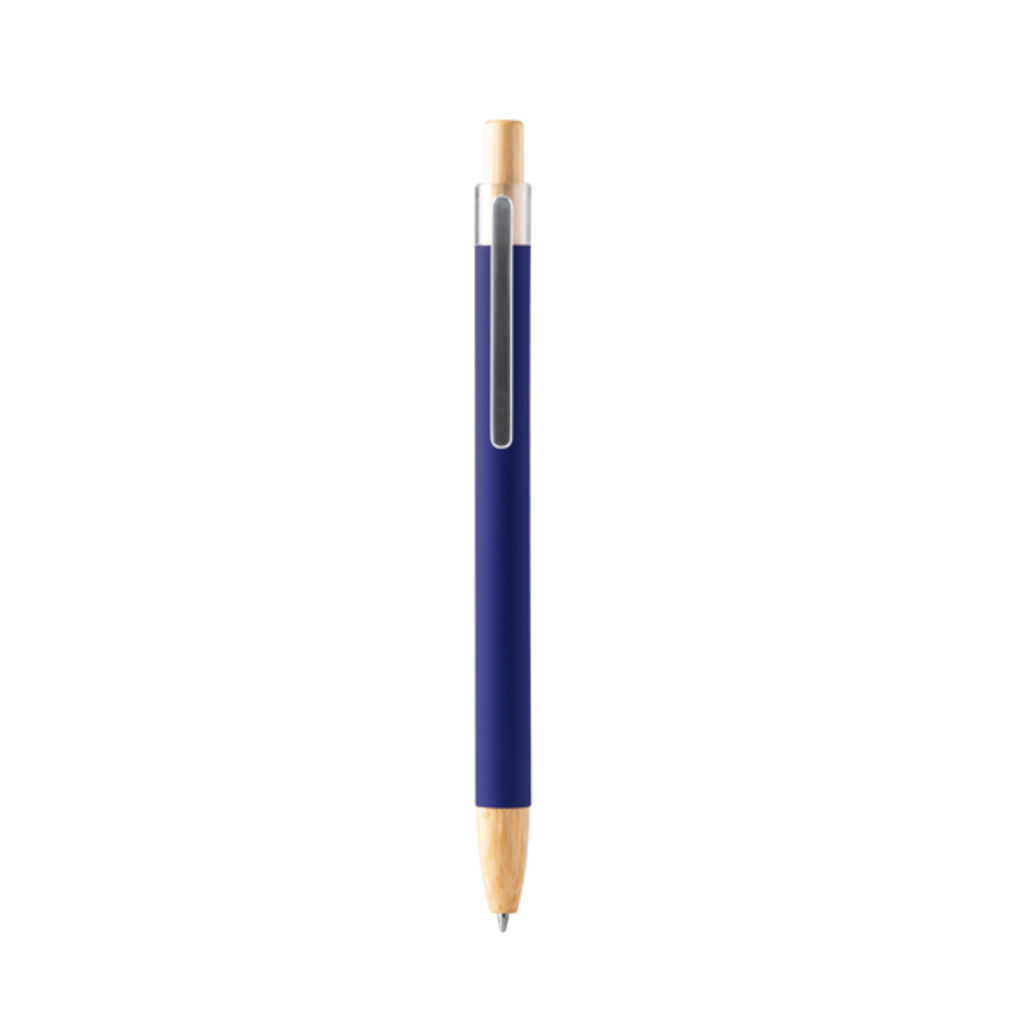 Шариковая ручка с мягкой на ощупь металлической структурой и деталями из бамбука, цвет синий