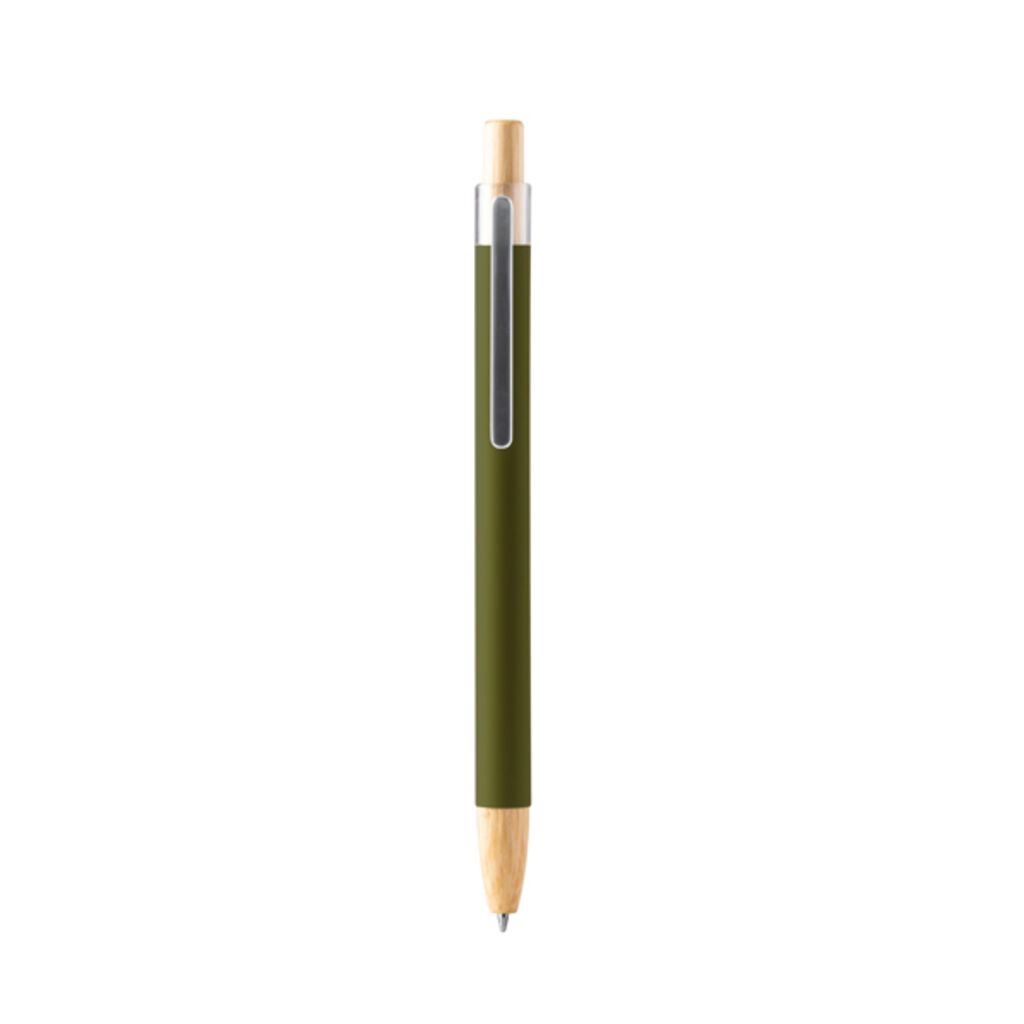 Шариковая ручка с мягкой на ощупь металлической структурой и деталями из бамбука, цвет темно-зеленый