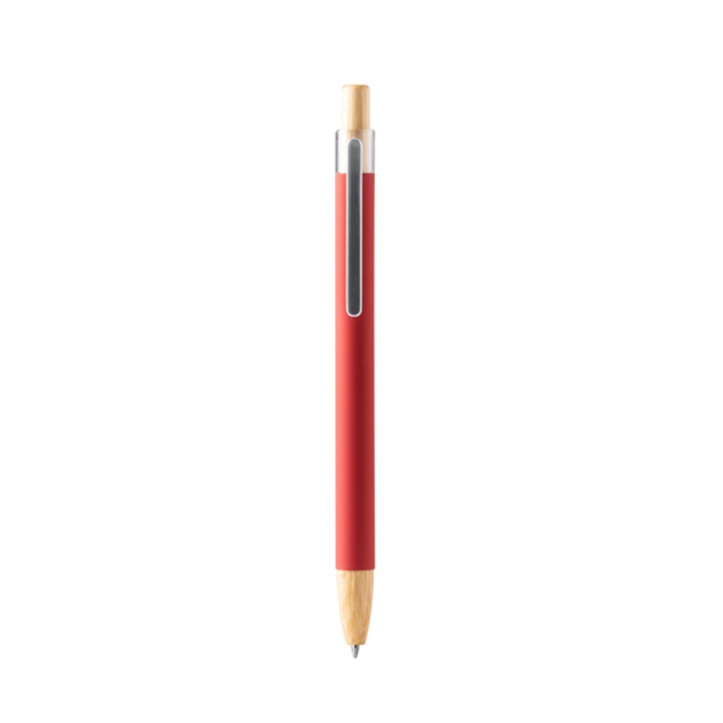 Шариковая ручка с мягкой на ощупь металлической структурой и деталями из бамбука, цвет красный