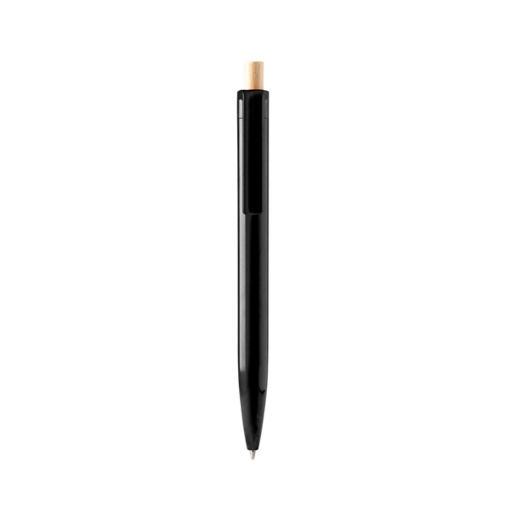Шариковая ручка из переработанного АБС-пластика с бамбуковой кнопкой, цвет черный