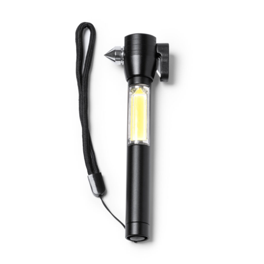 Многофункциональный фонарик с функциями молотка, стеклобоя и резака ремня безопасности, цвет черный