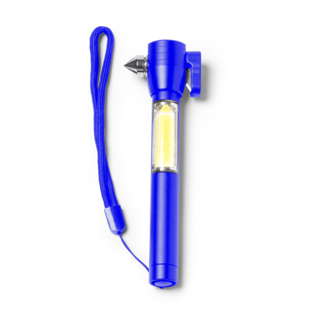Многофункциональный фонарик с функциями молотка, стеклобоя и резака ремня безопасности, цвет синий