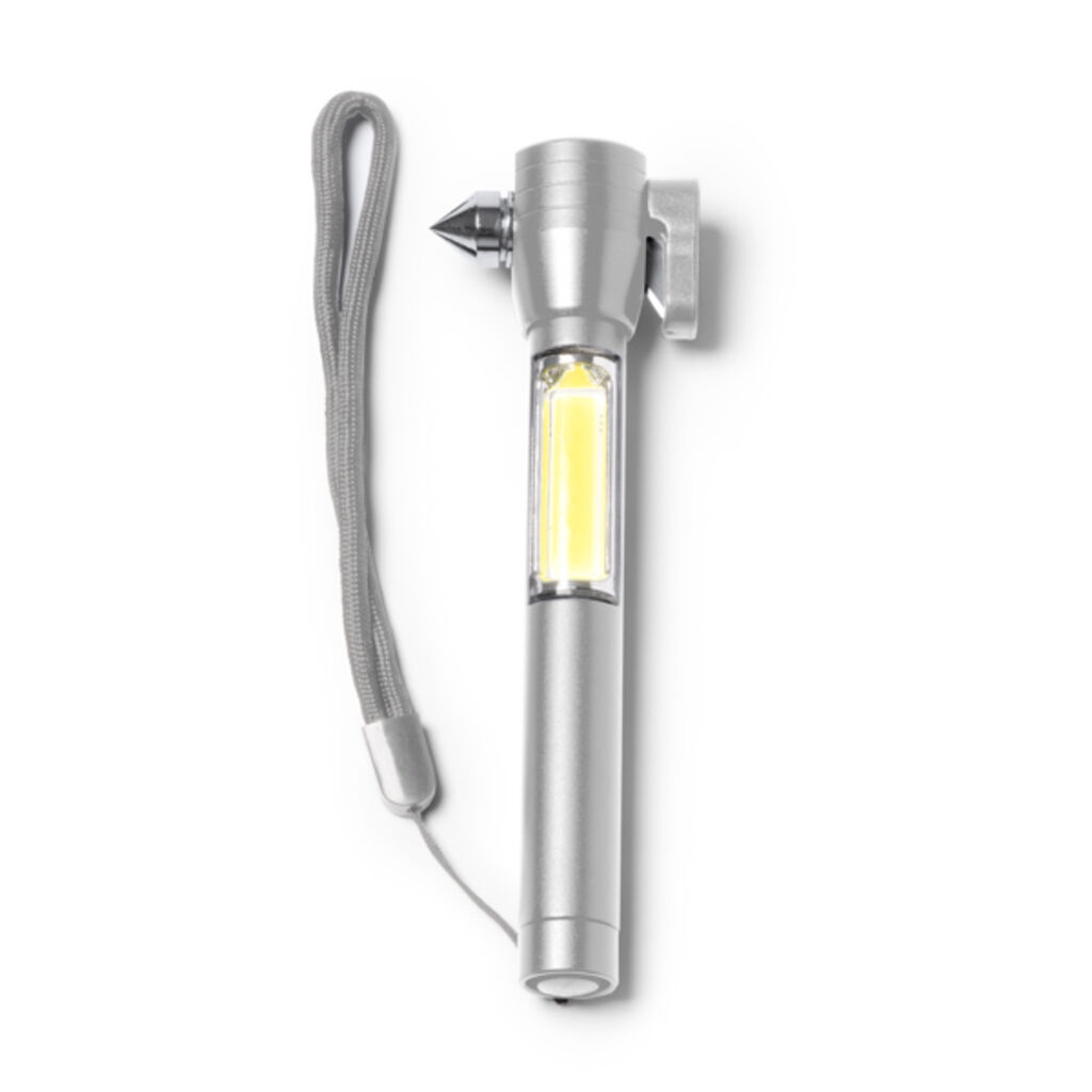 Многофункциональный фонарик с функциями молотка, стеклобоя и резака ремня безопасности, цвет серебряный