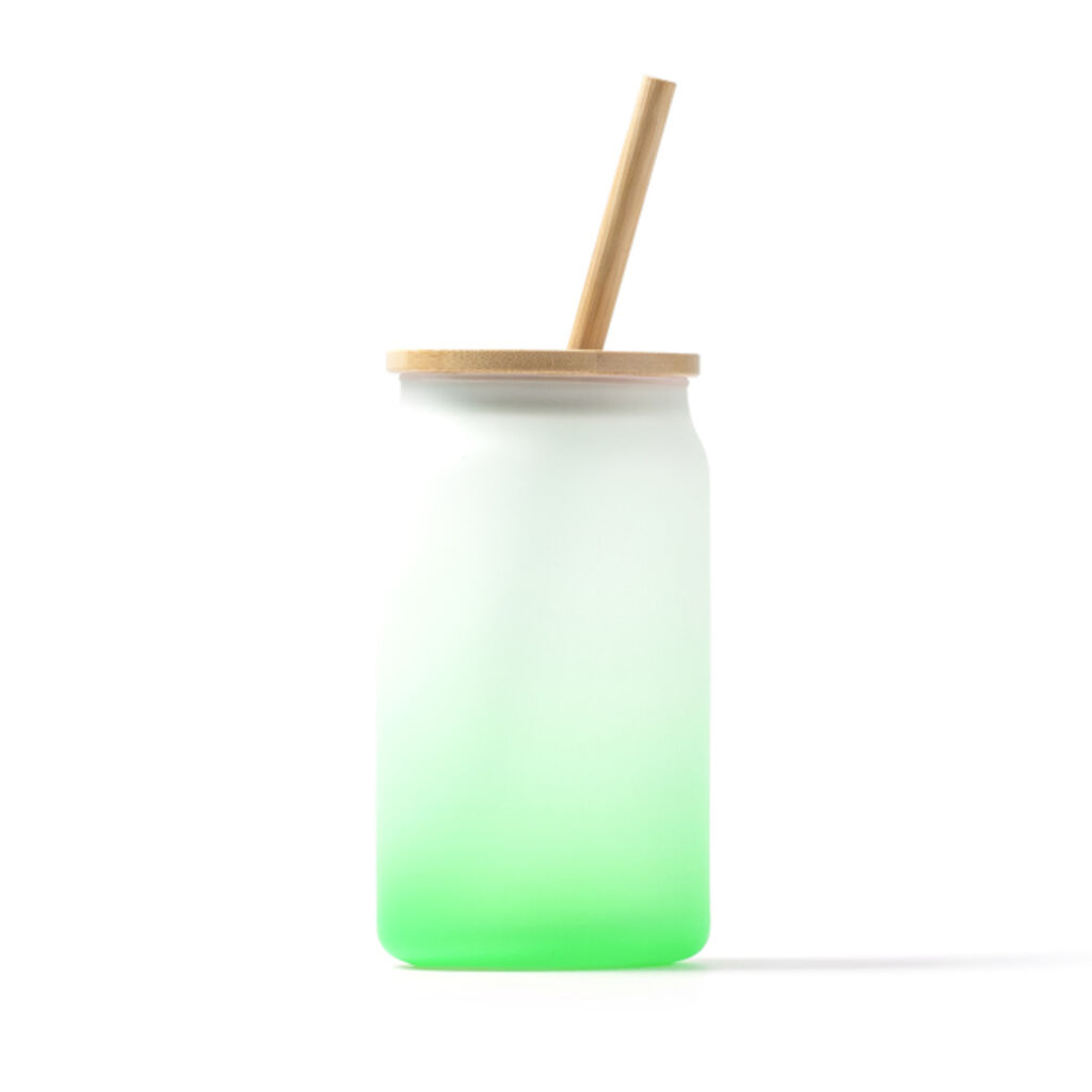 Склянка з боросилікатного скла з бамбуковою кришкою та соломинкою, колір зелений