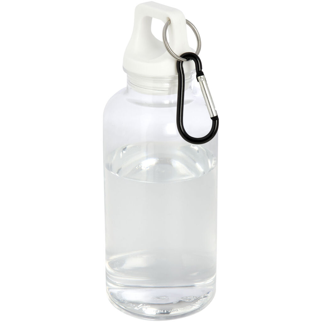 Бутылка для воды из переработанного пластика Oregon емкостью 400 мл с карабином, сертифицированная RCS, цвет белый
