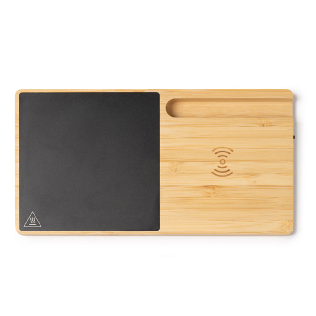 Нагрівач для чашок із бамбука з бездротовим блоком швидкої зарядки 15 Вт і тримачем для смартфона, колір бежевий - CT1570S129- Фото №1 Нагрівач для чашок із бамбука з бездротовим блоком швидкої зарядки 15 Вт і тримачем для смартфона, колір бежевий - CT1570S129- Фото №1