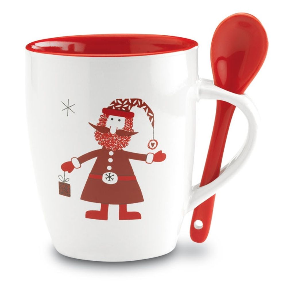Чашка с ложкой и изображением Деда Мороза