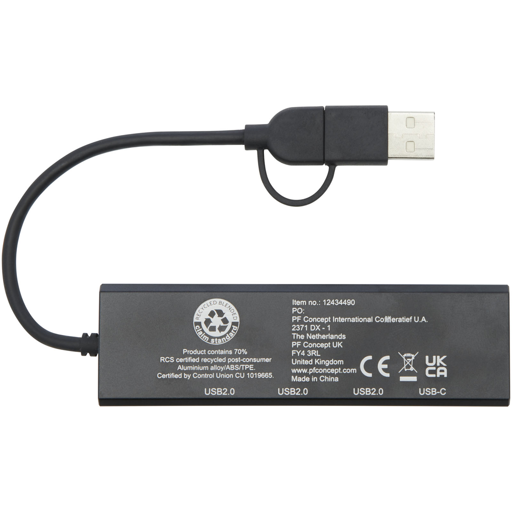 Концентратор USB 2.0 Rise RCS из переработанного алюминия, цвет черный - 12434490- Фото №5