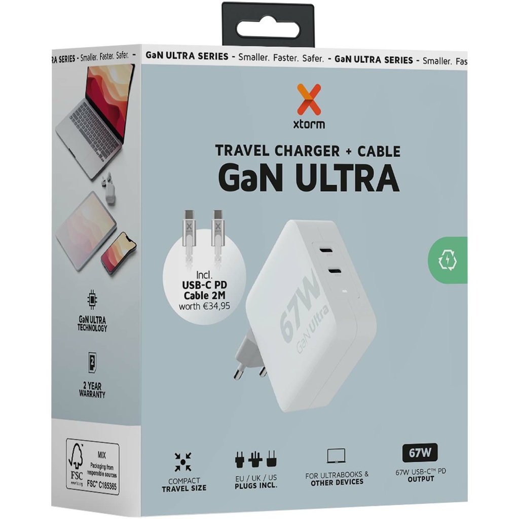 Xtorm XVC2067 GaN Ultra дорожное зарядное устройство мощностью 67 Вт с кабелем USB-C PD мощностью 100 Вт, цвет белый - 12439601- Фото №3