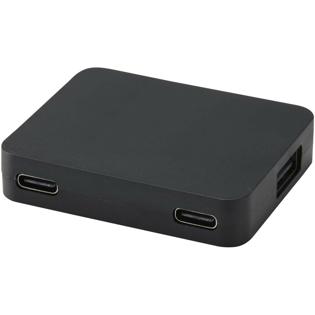 Gaia 4-портовый USB-концентратор с выходом USB-A и Type-C и двойным входом — изготовлен из переработанного пластика сплошной черный - 12444990- Фото №1