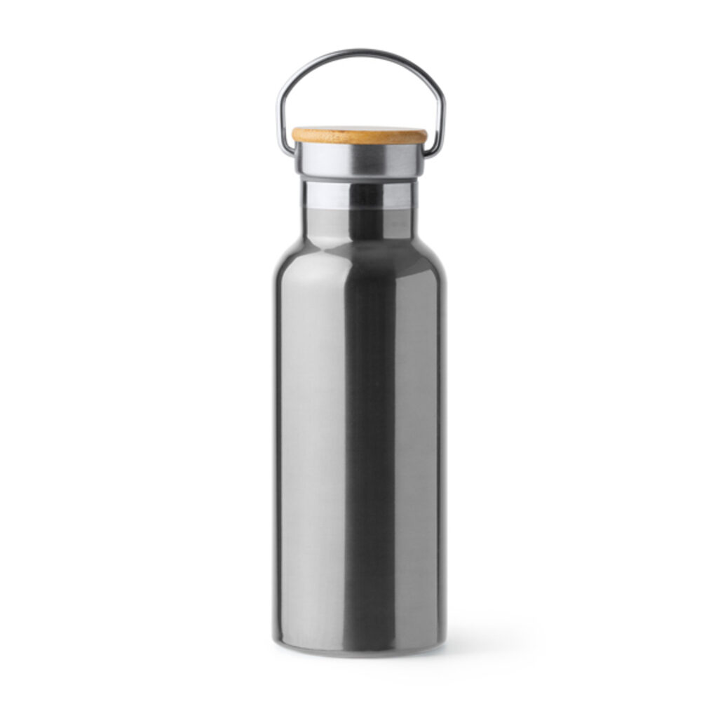 Бутылка с двойными стенками из нержавеющей стали 304 и бамбуковой крышкой серебряный - BI4201S1251- Фото №1