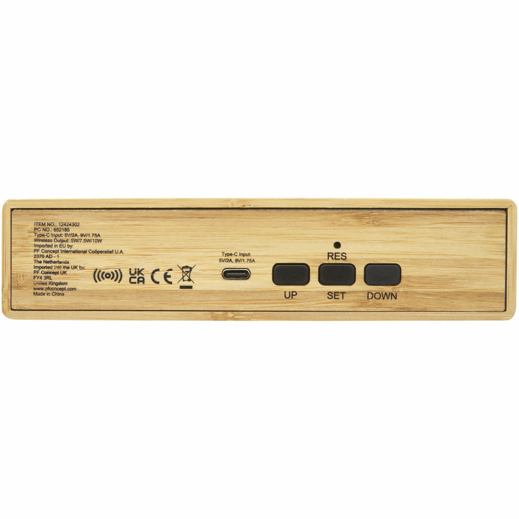 Minata, бамбуковое беспроводное зарядное устройство с часами бежевый - 12424302- Фото №4 Minata, бамбуковое беспроводное зарядное устройство с часами бежевый - 12424302- Фото №4